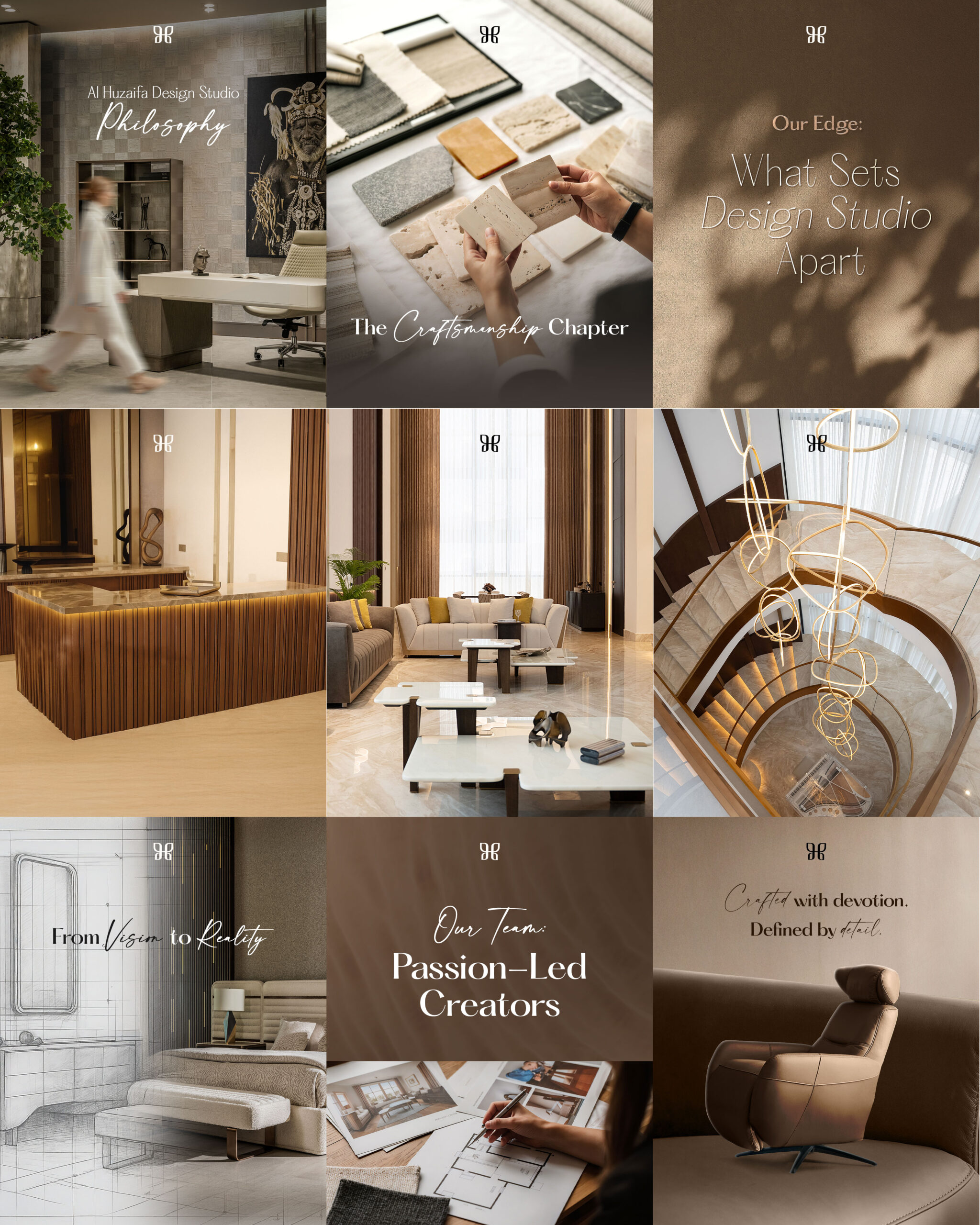 Huzaifa Design Studio — 9-post Instagram grid showing cohesive visual strategy
